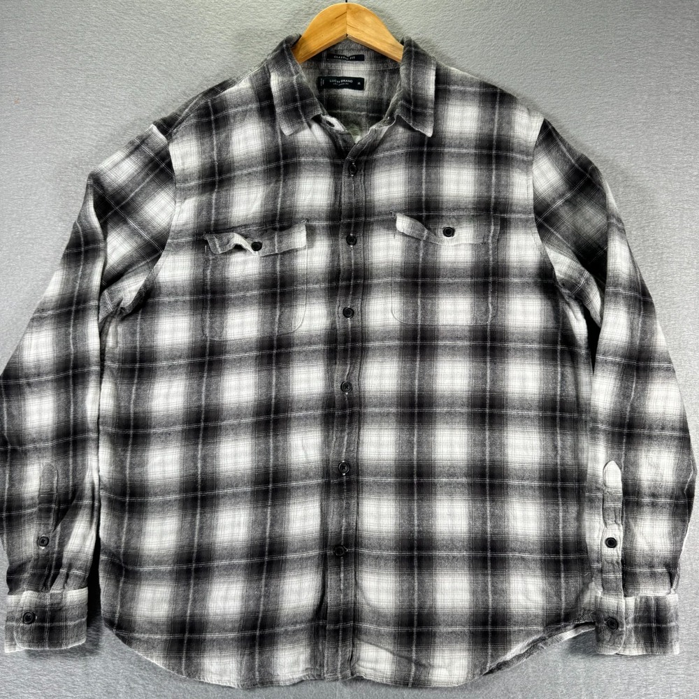 Lucky Brand Flannel Shirt Mens XL White Classic Fit Plaid Double‎ Flap Pocket